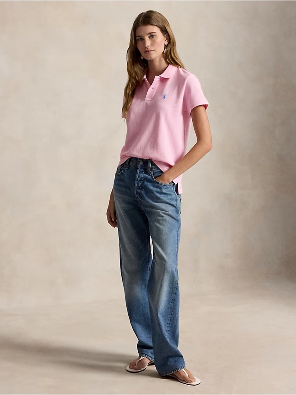 Polo by Ralph Lauren Women’s Pink Classic Fit Polo with Navy Pony - Picture 2 of 4